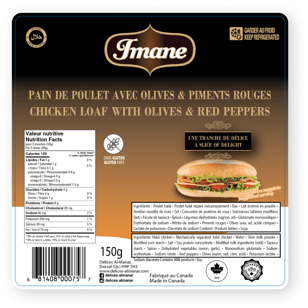 étiquette produit emballage pain de poulet aux olives et piments